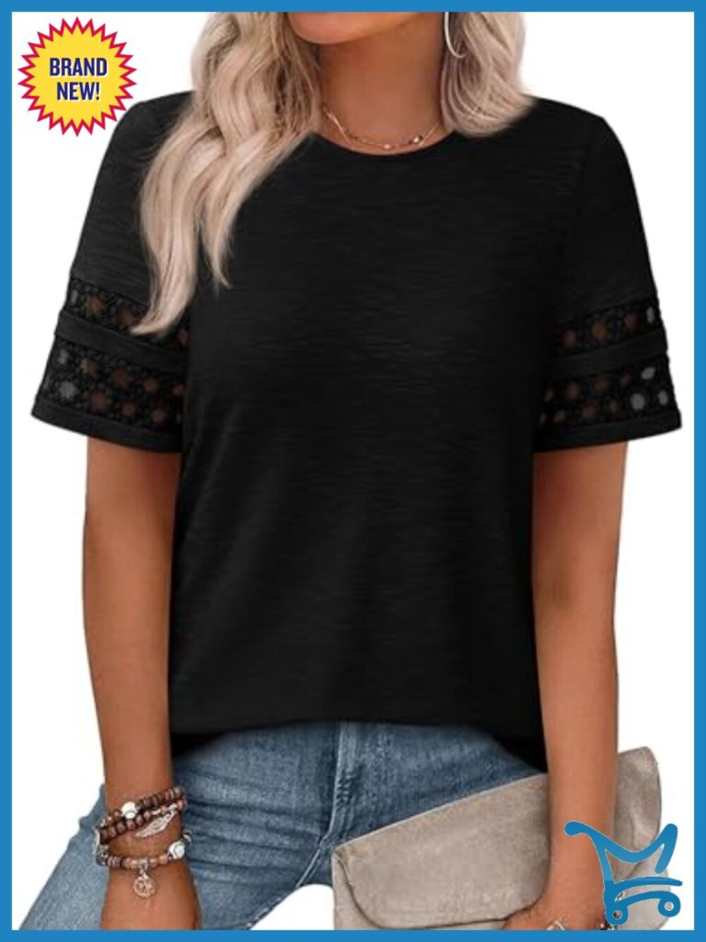 Womens Summer Short Sleeve Lace Trim T-Shirt Crew Neck Relaxed Fit